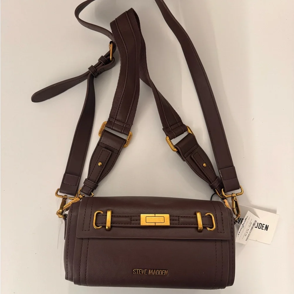 Steve Madden Rich Chocolate Brown Leather Crossbody with Gold Hardware